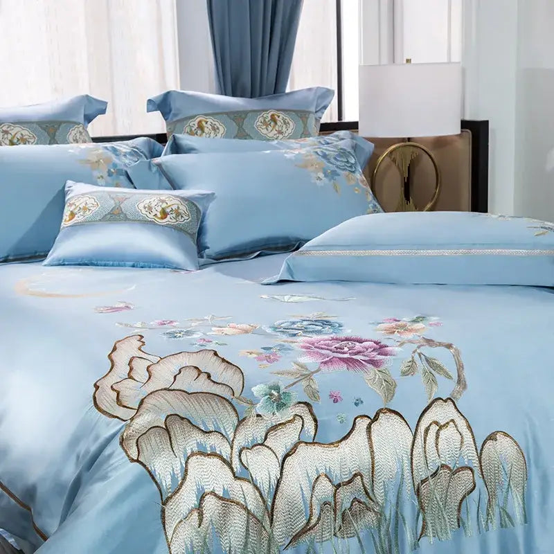 Light blue floral and moon 200s cotton embroidery bedding set bedroom