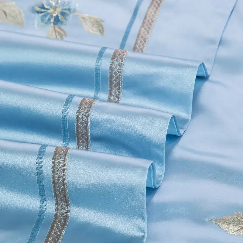 Light blue floral and moon 200s cotton embroidery bedding set bedroom