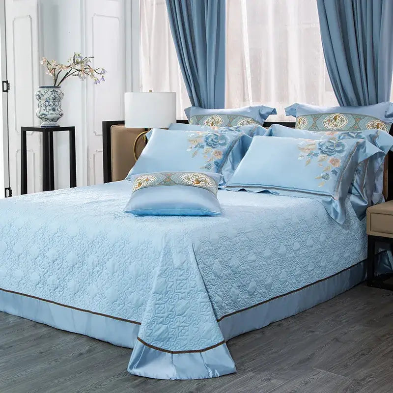 Light blue floral and moon 200s cotton embroidery bedding set bedroom