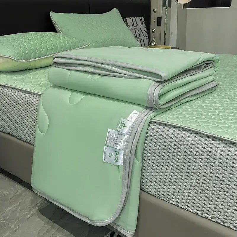 Light blue ice silk quilt set bedroom cool feeling bedding