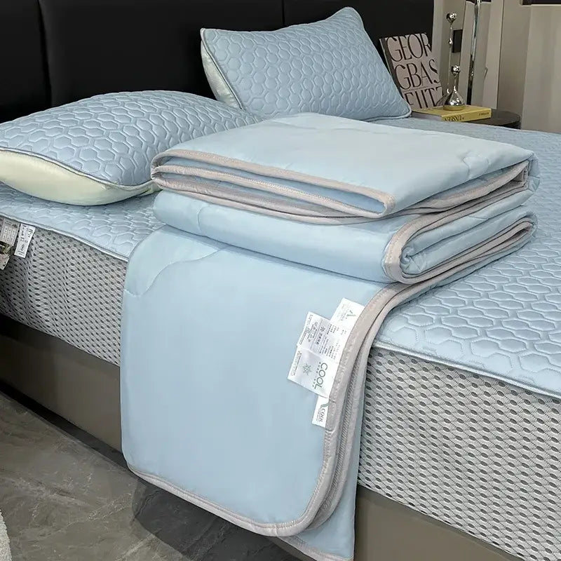 Light blue ice silk quilt set bedroom cool feeling bedding