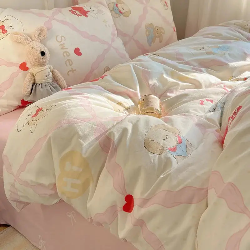 Light blue puppy cartoon pattern bedding set bedroom cotton sheets