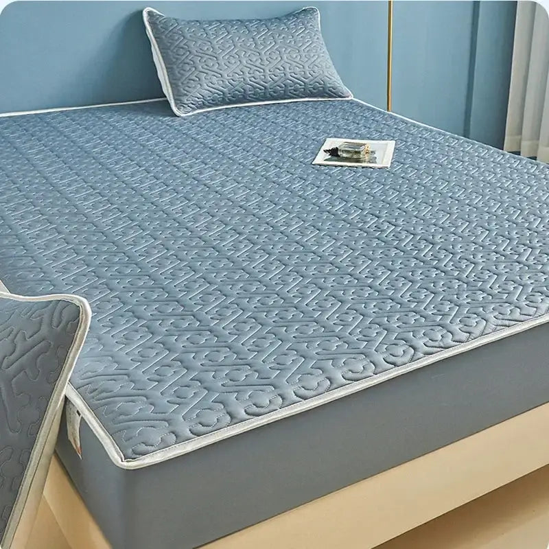 Light blue quilted latex fitted sheet set bedroom bed pad
