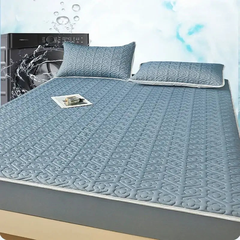 Light blue quilted latex fitted sheet set bedroom bed pad