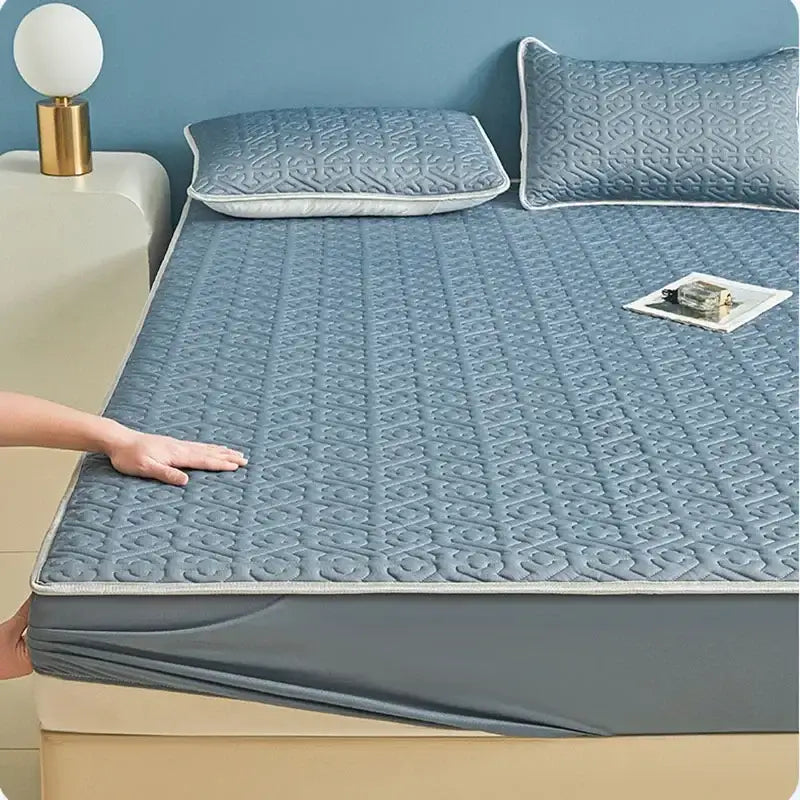 Light blue quilted latex fitted sheet set bedroom bed pad