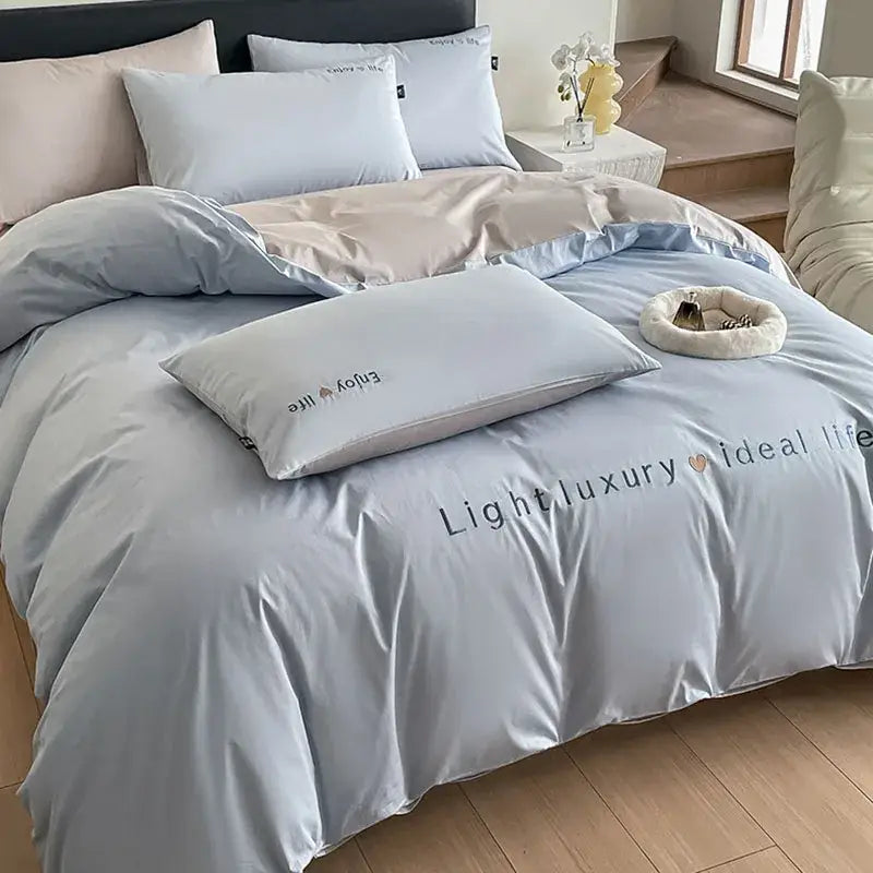 Light blue satin embroidery bedding set bedroom duvet cover