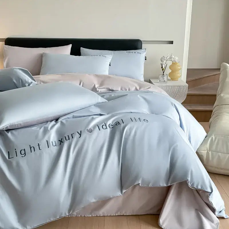 Light blue satin embroidery bedding set bedroom duvet cover