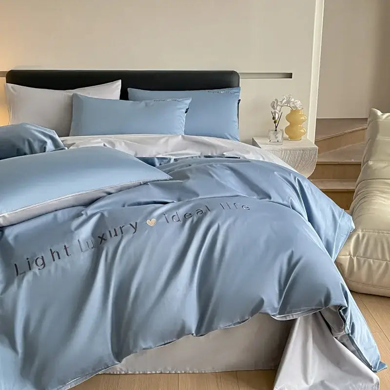 Light blue satin embroidery bedding set bedroom duvet cover