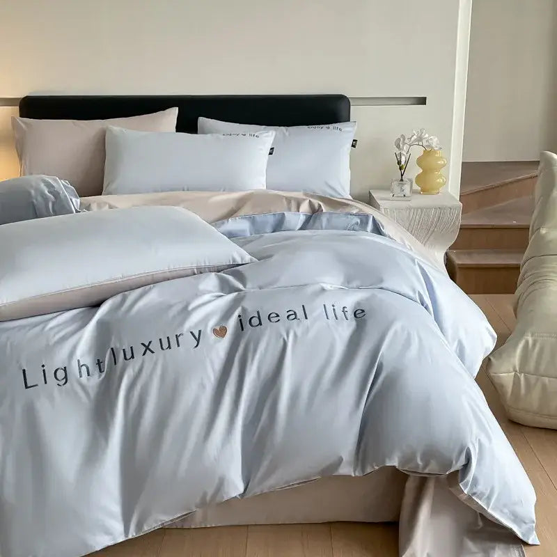 Light blue satin embroidery bedding set bedroom duvet cover