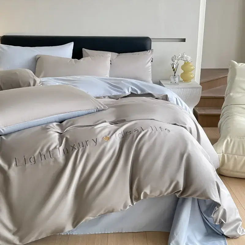 Light blue satin embroidery bedding set bedroom duvet cover