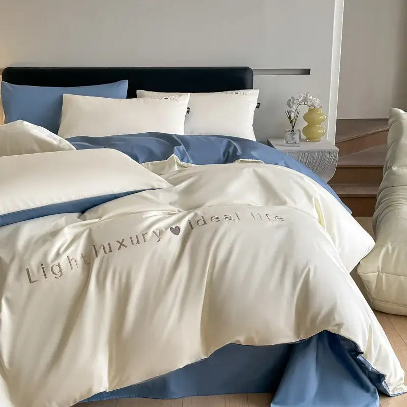 Light blue satin embroidery bedding set bedroom duvet cover