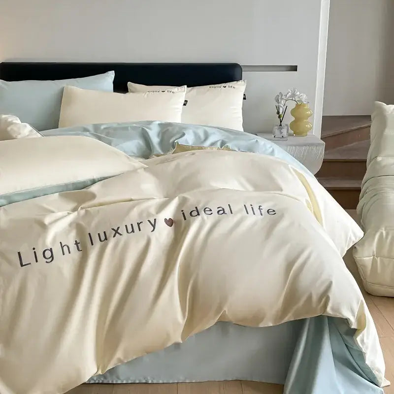 Light blue satin embroidery bedding set bedroom duvet cover