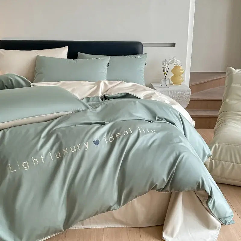 Light blue satin embroidery bedding set bedroom duvet cover
