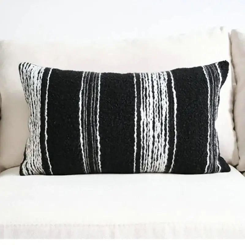 Light luxury plush black & white striped pillow cover living room