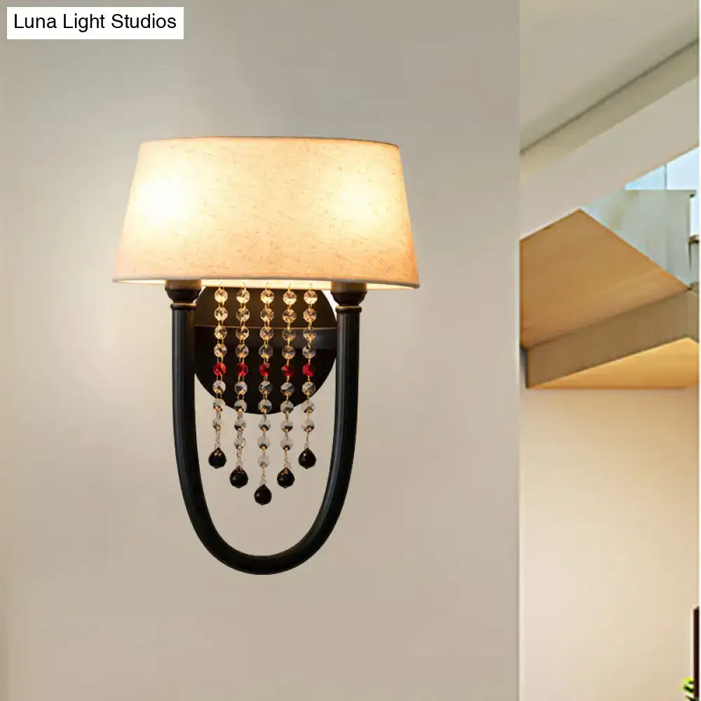Lodge black fabric drum wall lamp bedroom crystal bead detail