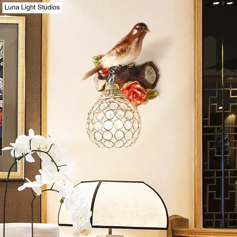 Lodge brown & cream bird wall sconce bedroom crystal global shade