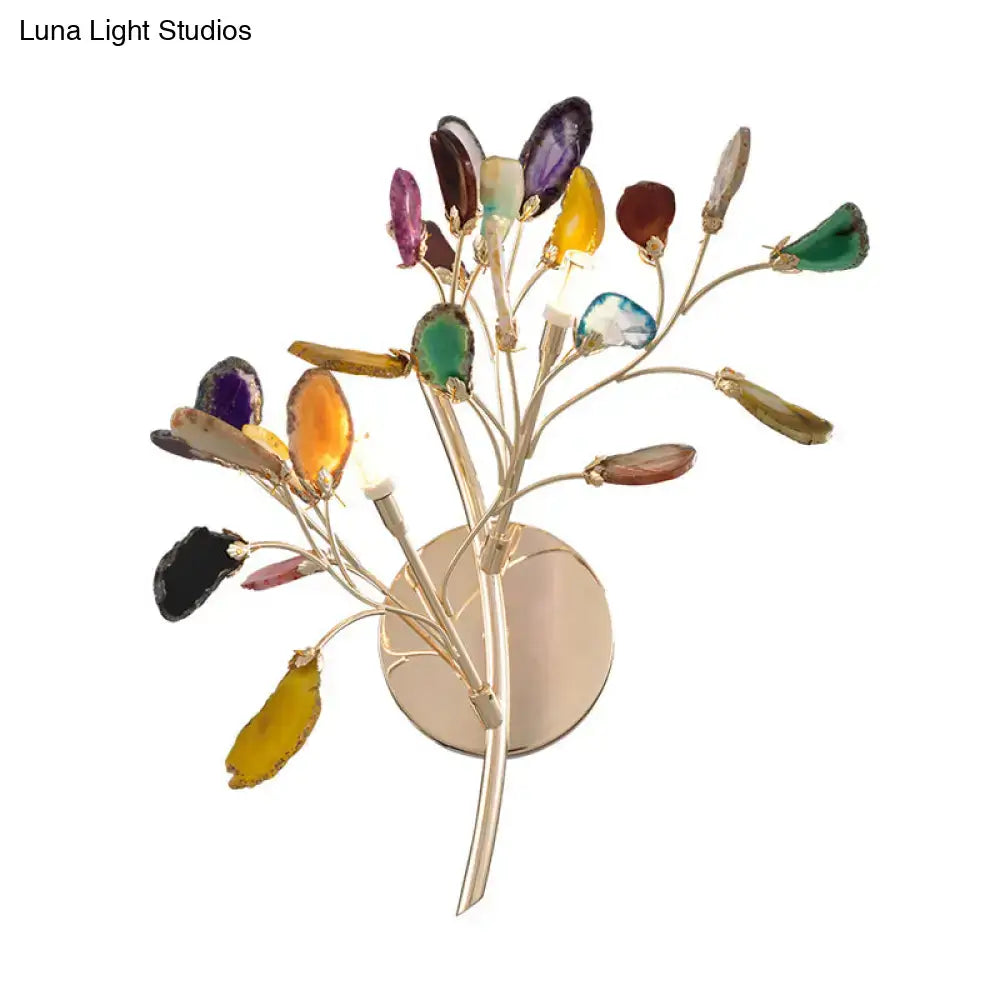 Lodge gold metallic branch wall lighting with colored crystal deco