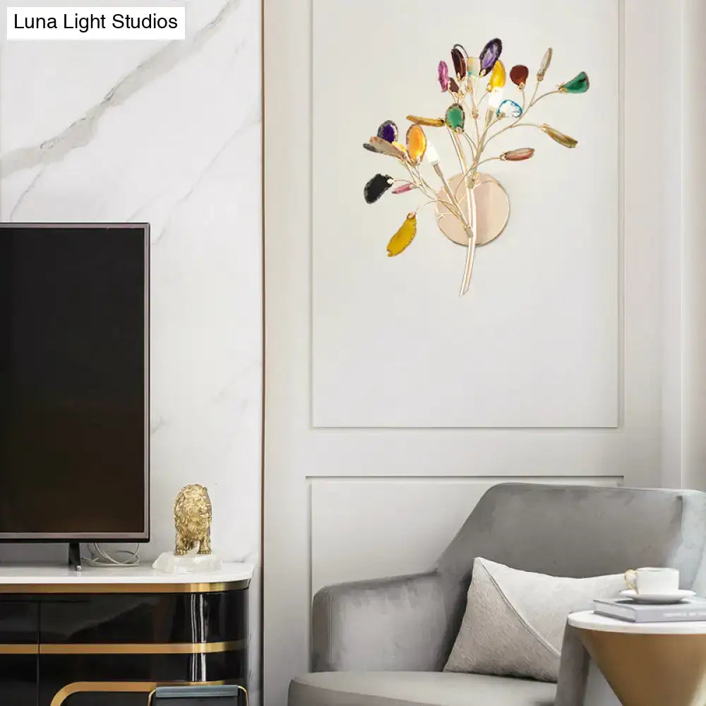 Lodge gold metallic branch wall lighting with colored crystal deco