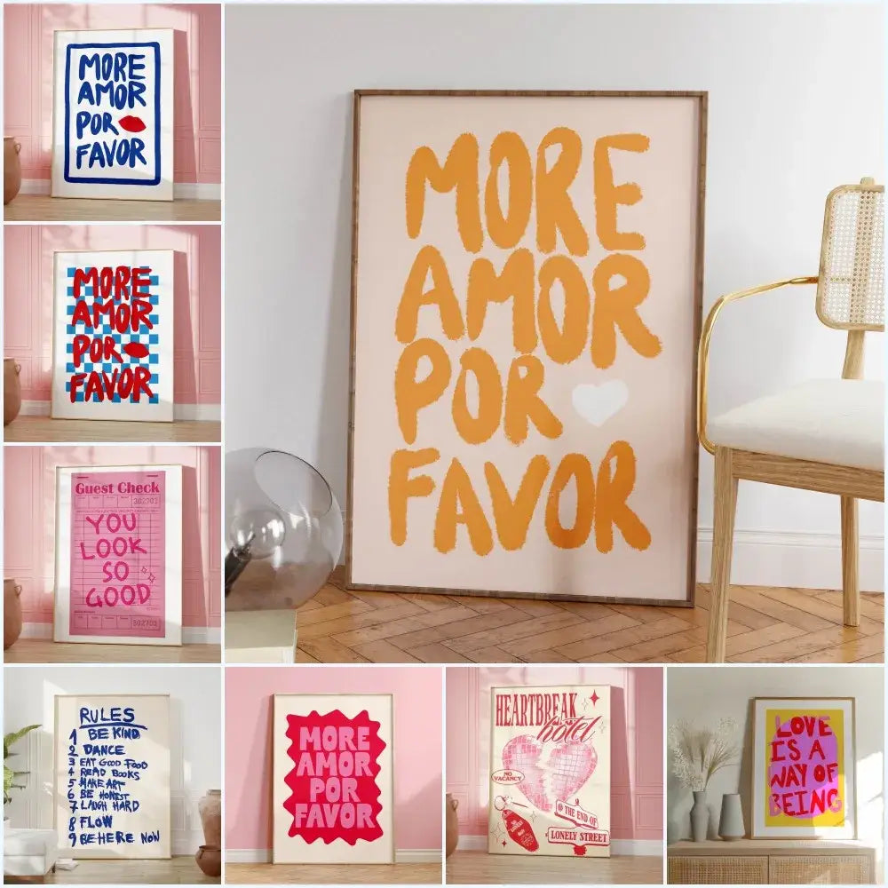 Modern pink and orange more amor por favor love quote wall art bedroom