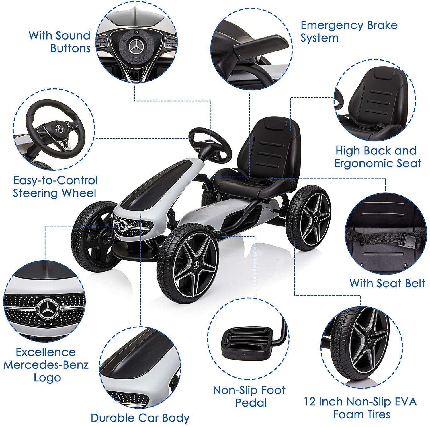 LUCKYERMORE Kids Pedal Go Kart Benz Racer Quad with Adjustable Seat for Outdoor Fun