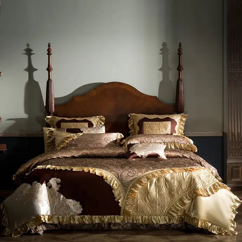 Luxurious gold & burgundy 200s embroidery egyptian cotton bedding set bedroom