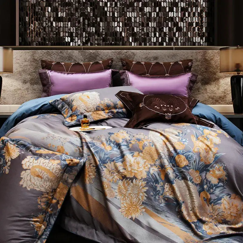 Luxurious gray & gold 1500tc egyptian cotton jacquard bedding set bedroom