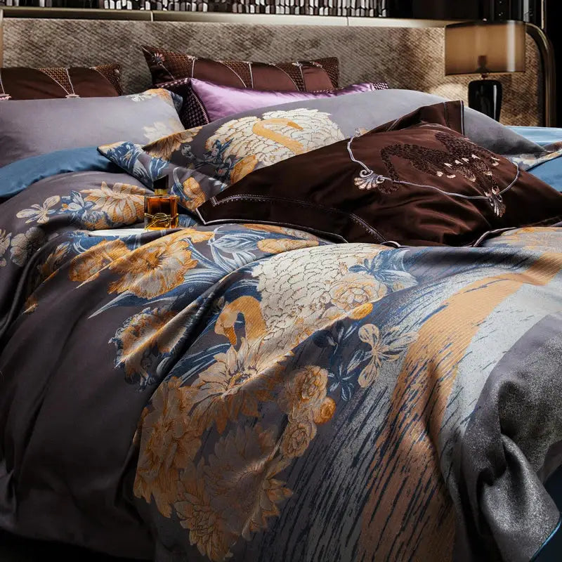 Luxurious gray & gold 1500tc egyptian cotton jacquard bedding set bedroom