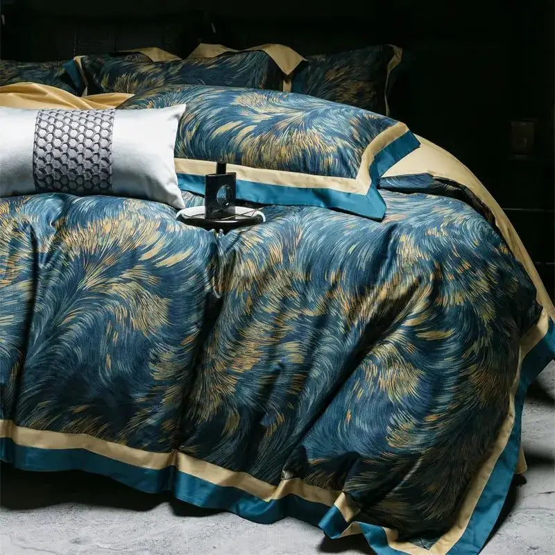 Luxurious navy & gold feather bedding set bedroom blue starry sky
