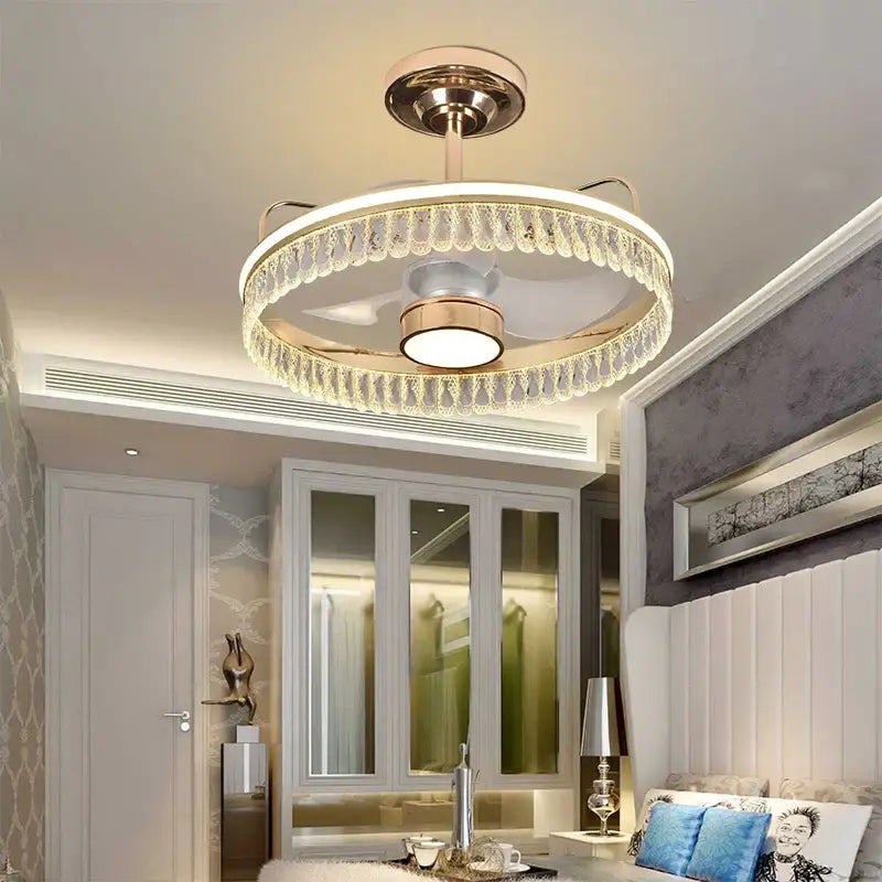 Luxury black & gold crystal ceiling fan chandelier bedroom light