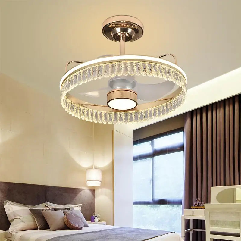 Luxury black & gold crystal ceiling fan chandelier bedroom light