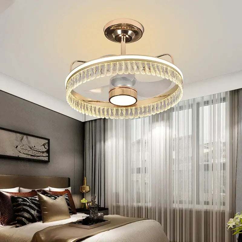 Luxury black & gold crystal ceiling fan chandelier bedroom light