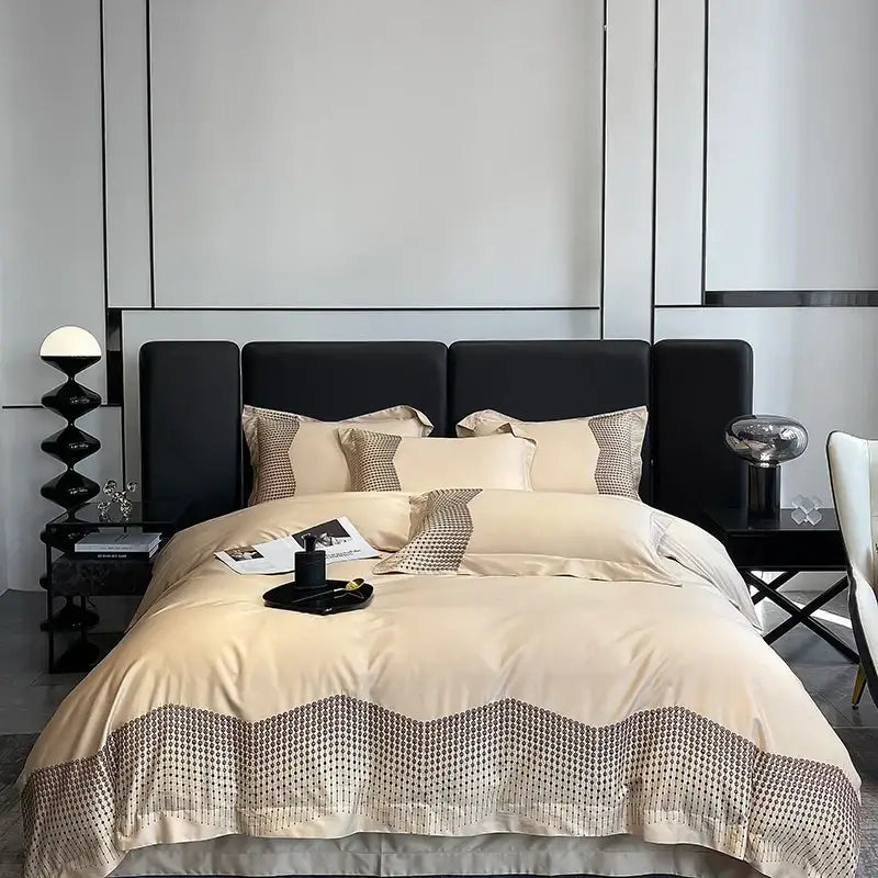 Luxury blue & champagne 1000tc cotton embroidery bedding set bedroom
