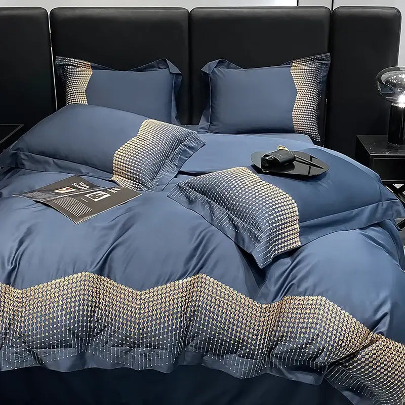 Luxury blue & champagne 1000tc cotton embroidery bedding set bedroom