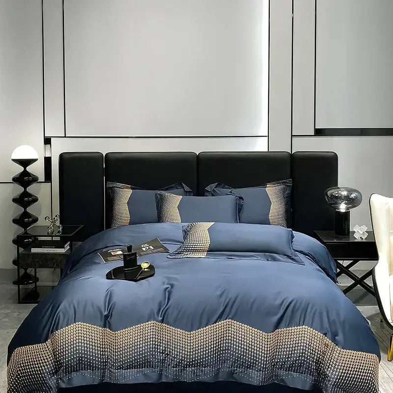 Luxury blue & champagne 1000tc cotton embroidery bedding set bedroom