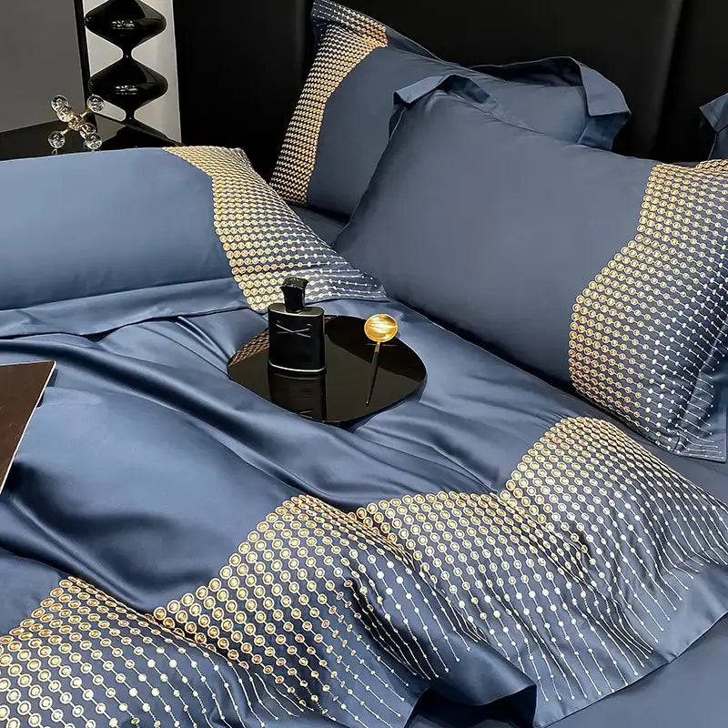 Luxury blue & champagne 1000tc cotton embroidery bedding set bedroom