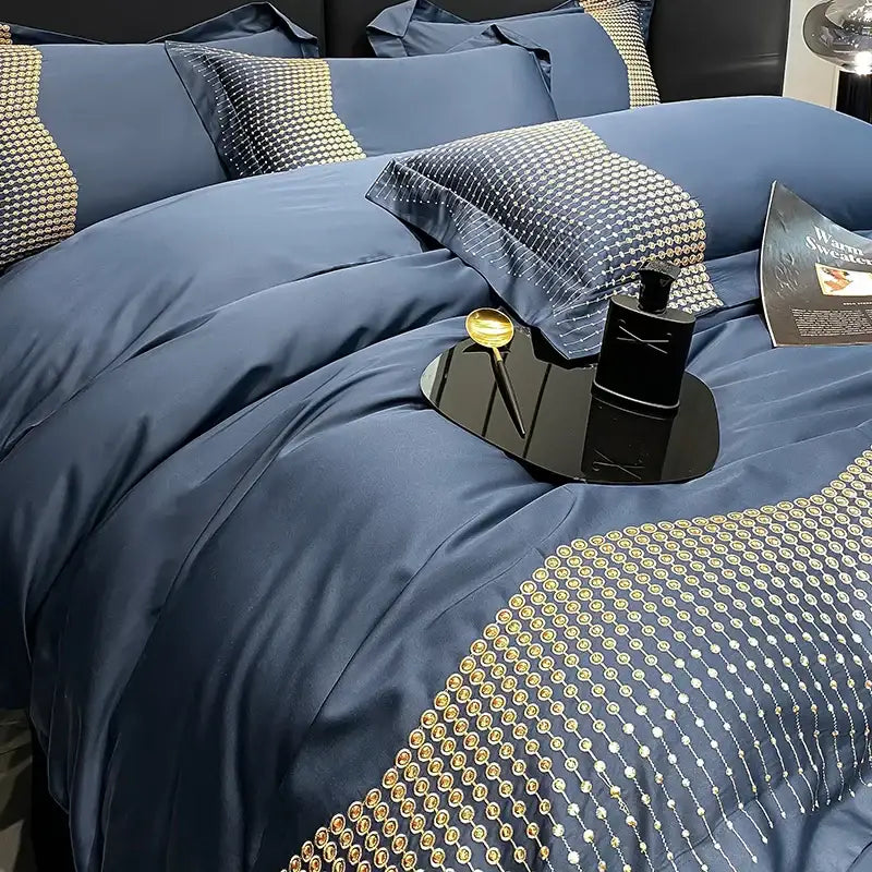 Luxury blue & champagne 1000tc cotton embroidery bedding set bedroom