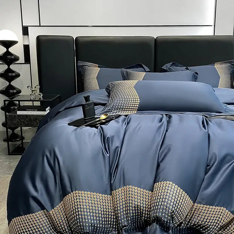 Luxury blue & champagne 1000tc cotton embroidery bedding set bedroom