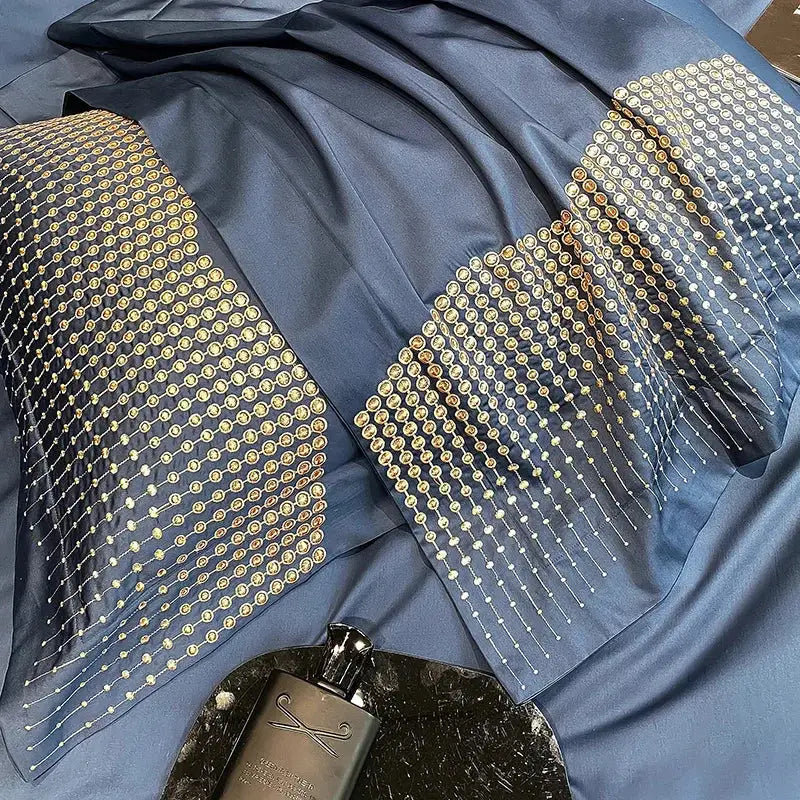 Luxury blue & champagne 1000tc cotton embroidery bedding set bedroom