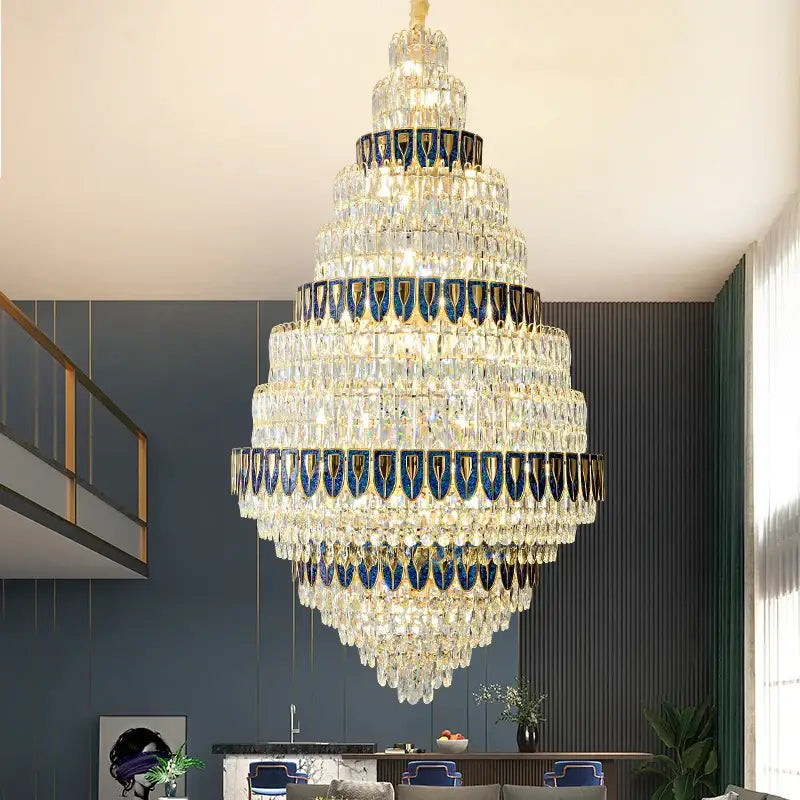 Luxury blue & clear crystal headlight chandelier – villa dining room