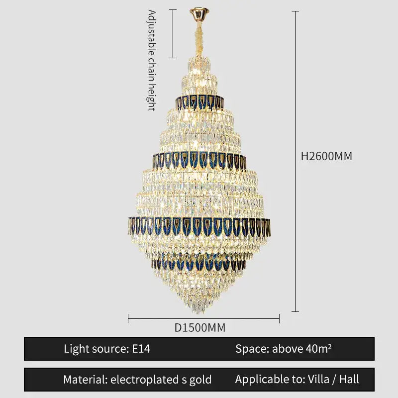 Luxury blue & clear crystal headlight chandelier – villa dining room