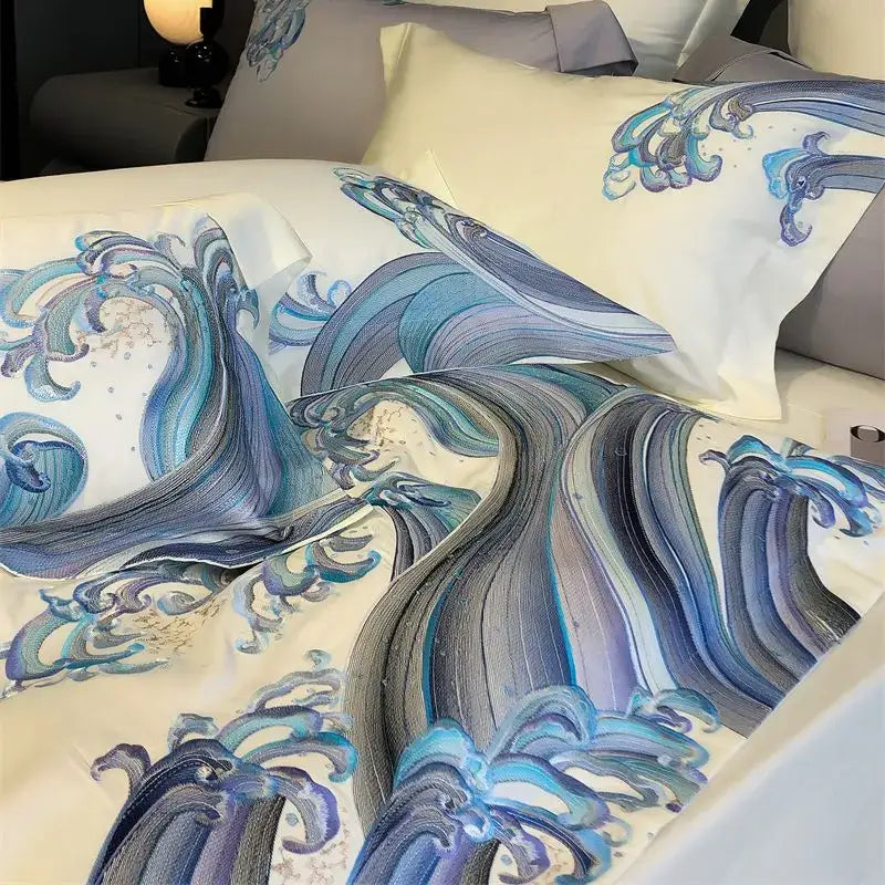 Luxury blue tides waves embroidery bedding set bedroom white satin