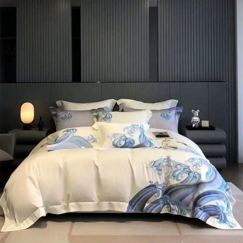 Luxury blue tides waves embroidery bedding set bedroom white satin