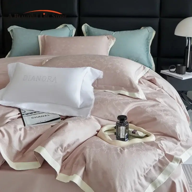 Luxury blush pink floral jacquard duvet cover set bedroom bedding