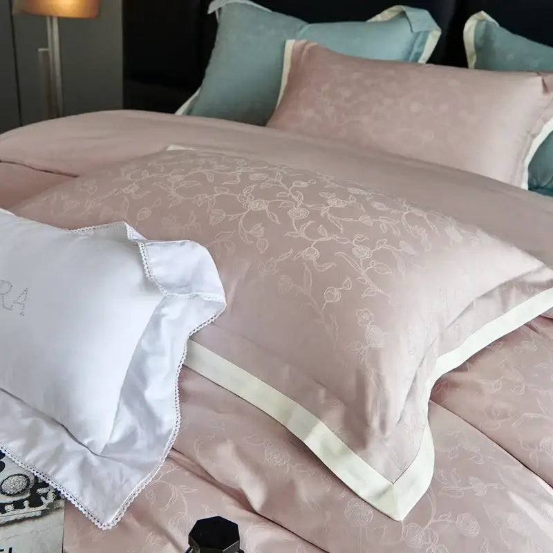 Luxury blush pink floral jacquard duvet cover set bedroom bedding