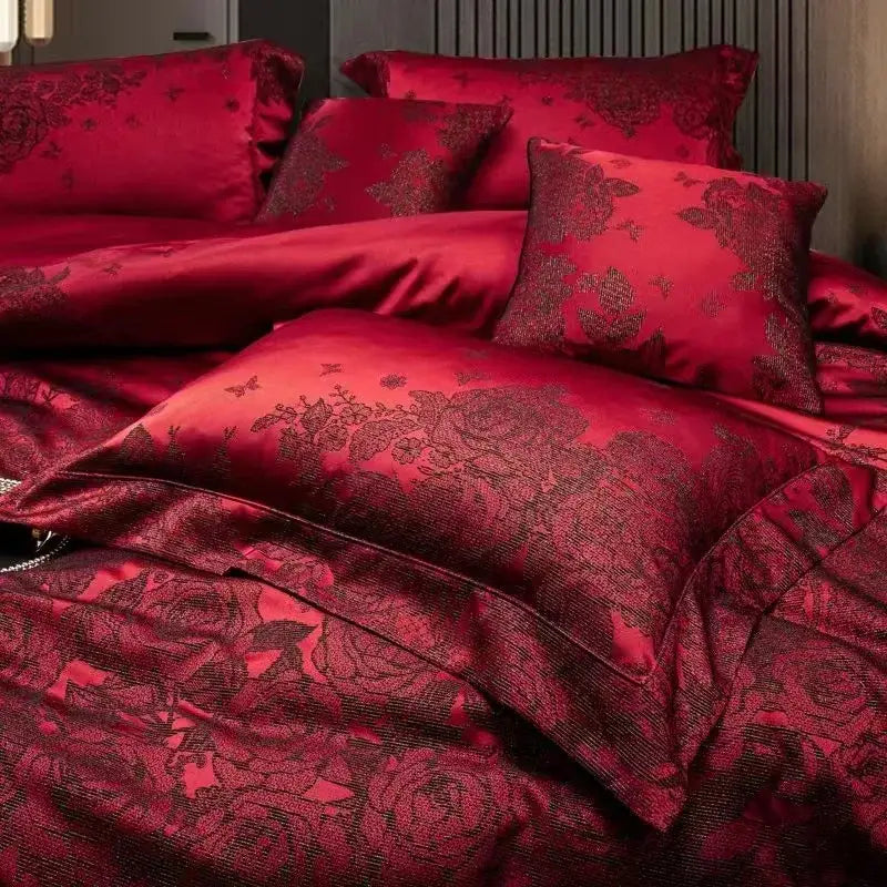 Luxury burgundy red egyptian cotton bedding set bedroom floral jacquard