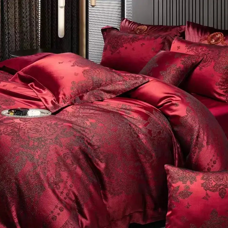 Luxury burgundy red egyptian cotton bedding set bedroom floral jacquard