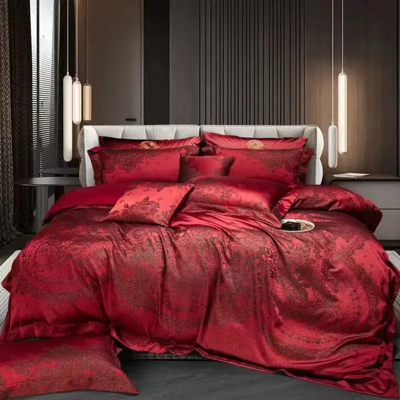 Luxury burgundy red egyptian cotton bedding set bedroom floral jacquard