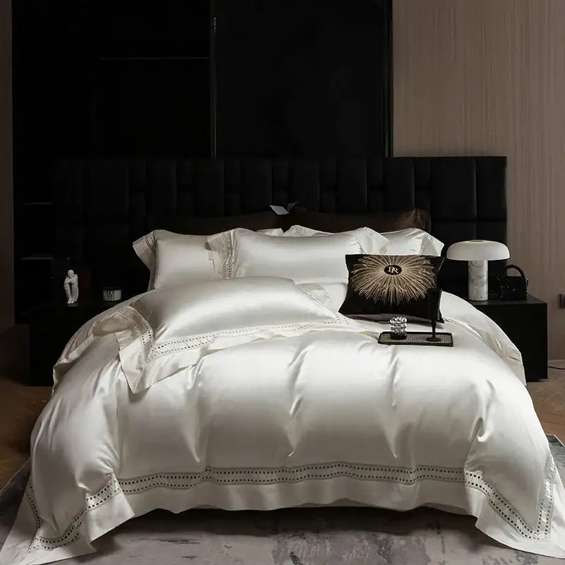 Luxury cream 1000tc egyptian cotton bedding set bedroom lace trim