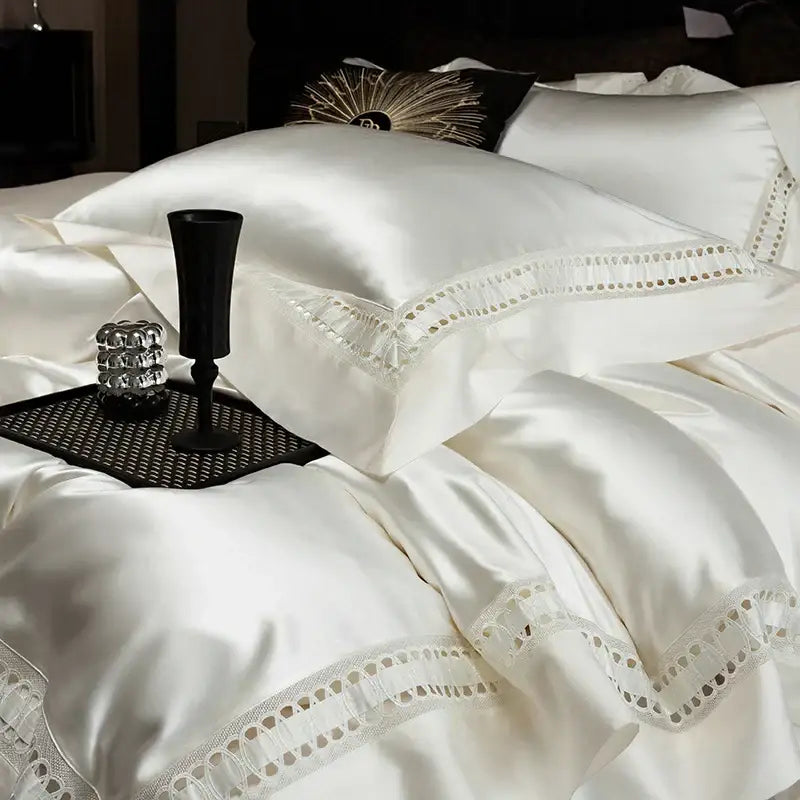 Luxury cream 1000tc egyptian cotton bedding set bedroom lace trim