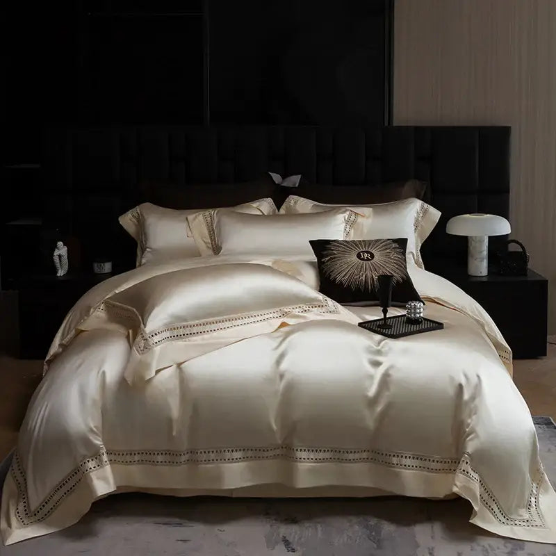Luxury cream 1000tc egyptian cotton bedding set bedroom lace trim